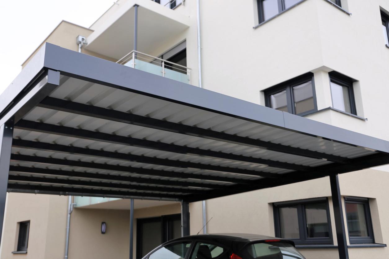 Metal carport at apartment building